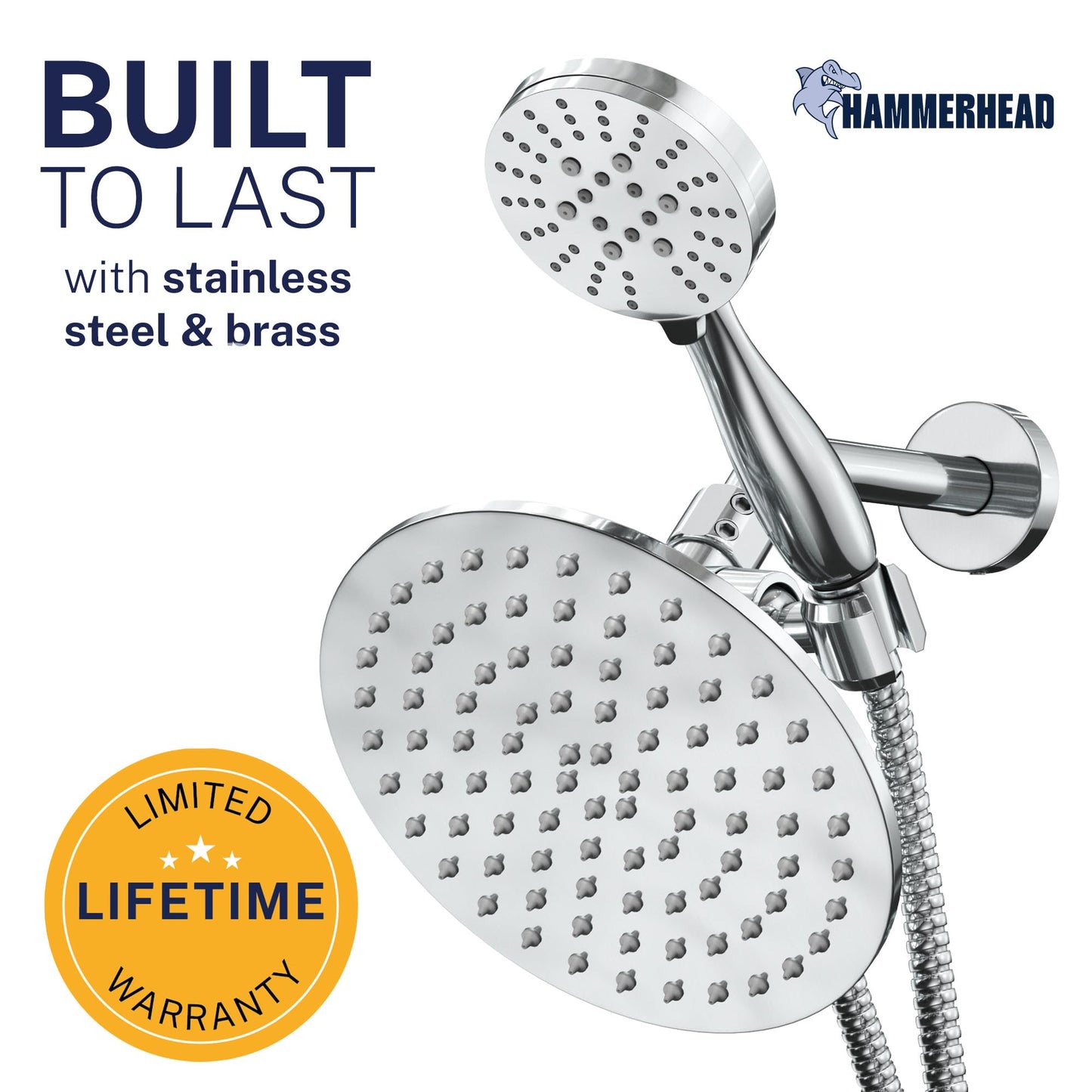 HammerHead Showers Dual Shower Head Combo, 8-Inch Rainfall & 3-Flow Handheld, Chrome, 2.5 GPM