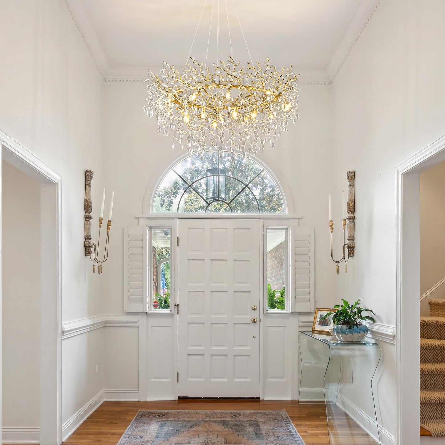 kvtinmty 14-Light Modern Large Crystal Chandelier for Dining Room, 48" Round Gold Crystal Tree Branche Chandelier, Living Room Crystal Chandelier, Crystal Chandeliers for High Ceiling,Entryway,Foyer