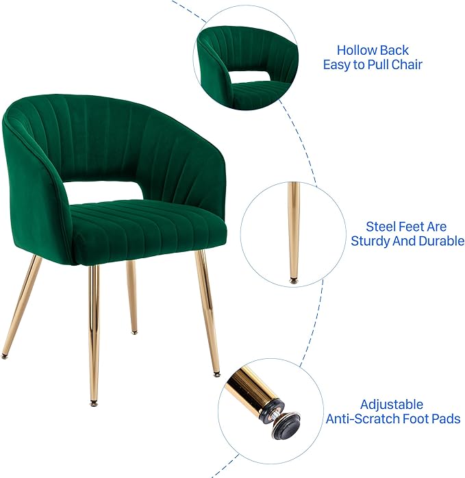 KCC Modern Accent Dining Chairs Set of 2, Upholstered Velvet Dining Room Chairs with Hollow Back, Tufted Kitchen Chairs Side Chair with Gold Metal Legs for Living Room Restaurant, Green