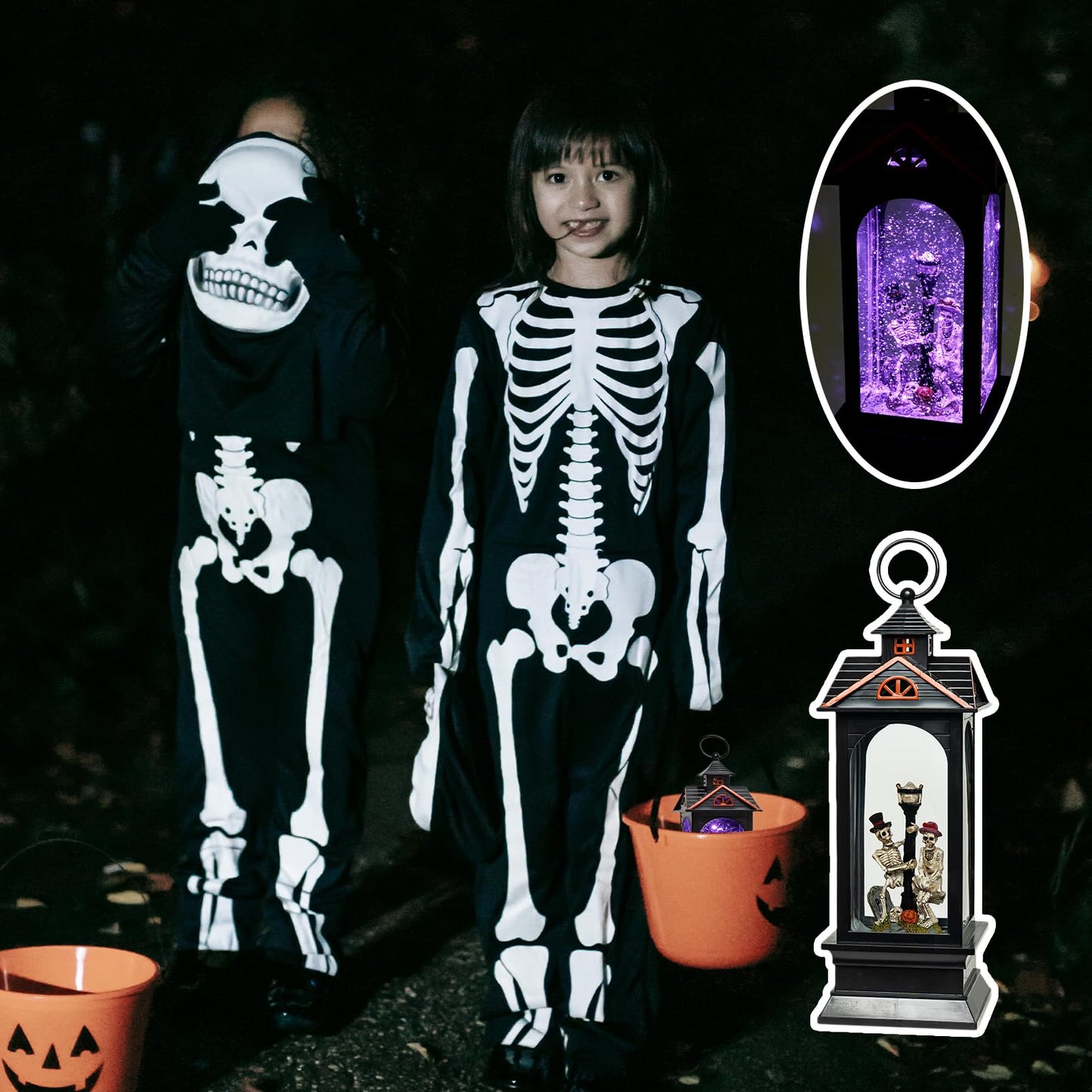 Halloween Snow Globe Lantern with Skull - Ghost Projection Water Lantern with Music - Skeleton Couple with Streetlight and Pumpkin Halloween Decoration for Home - USB or Battery Powered (Style 1)