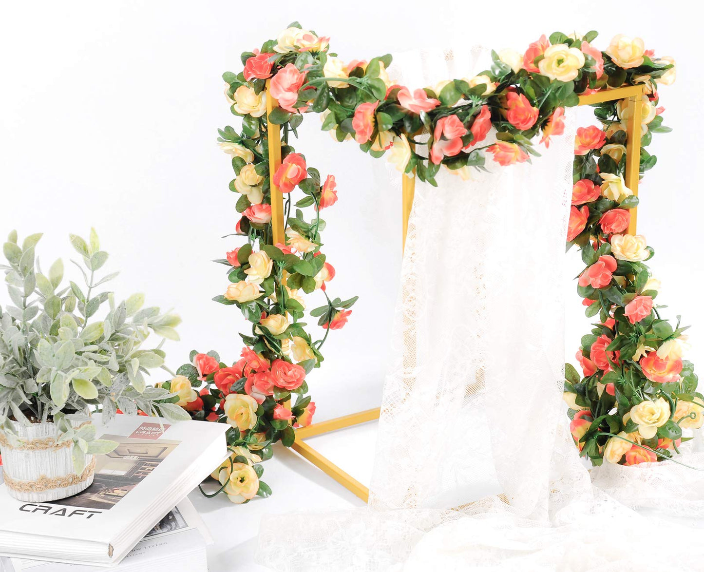 Miracliy 8Pcs 66FT Flower Garland, Orange and Champagne Artificial Rose Floral Vines Fake Hanging Spring Flower Garland for Wall Backdrop Wedding Arch Tea Party Door Mantle Decoration