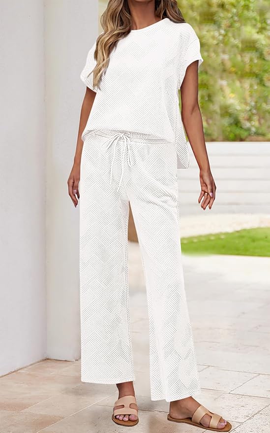 PRETTYGARDEN 2 Piece Outfits For Women Casual Tracksuit Short Sleeve Tops And Wide Leg Long Pants Matching Lounge Sets