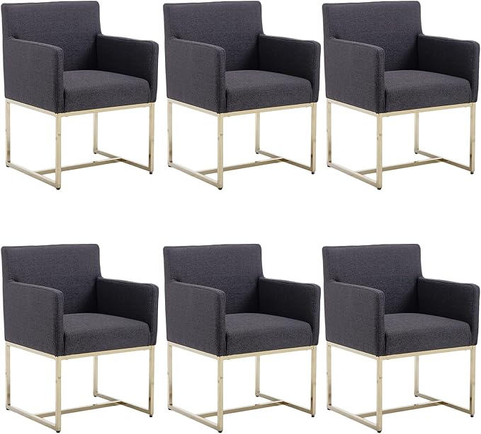 BESTANO Upholstered Dining Chairs with Armrest Set of 6 Mid Century Modern Accent Chairs Armchairs with Gold Metal Frame, Modern Kitchen & Dining Room Chairs, Charcoal