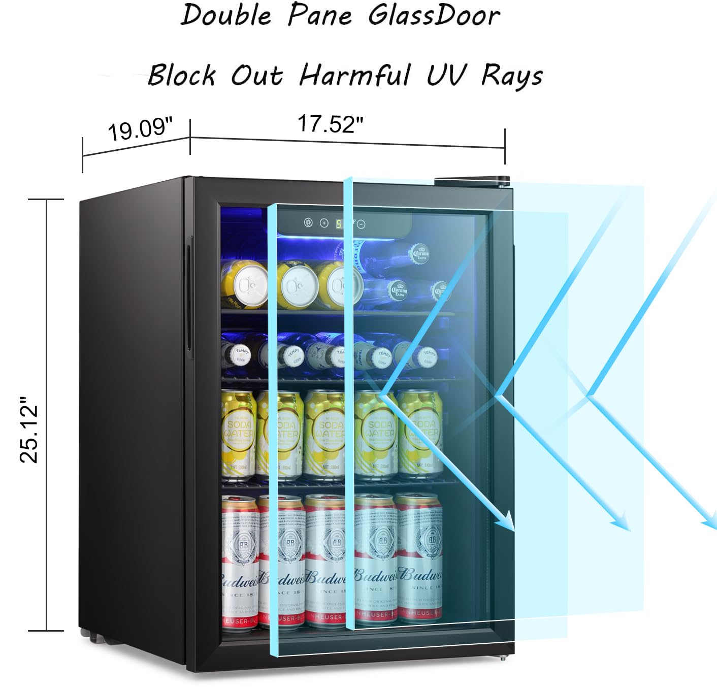 Antarctic Star Beverage Refrigerator Cooler-95 Can Mini Fridge Glass Door for Soda Beer Wine Stainless Steel Glass Door Small Drink Dispenser Digital Display for Home, Office Bar,2.4cu.ft