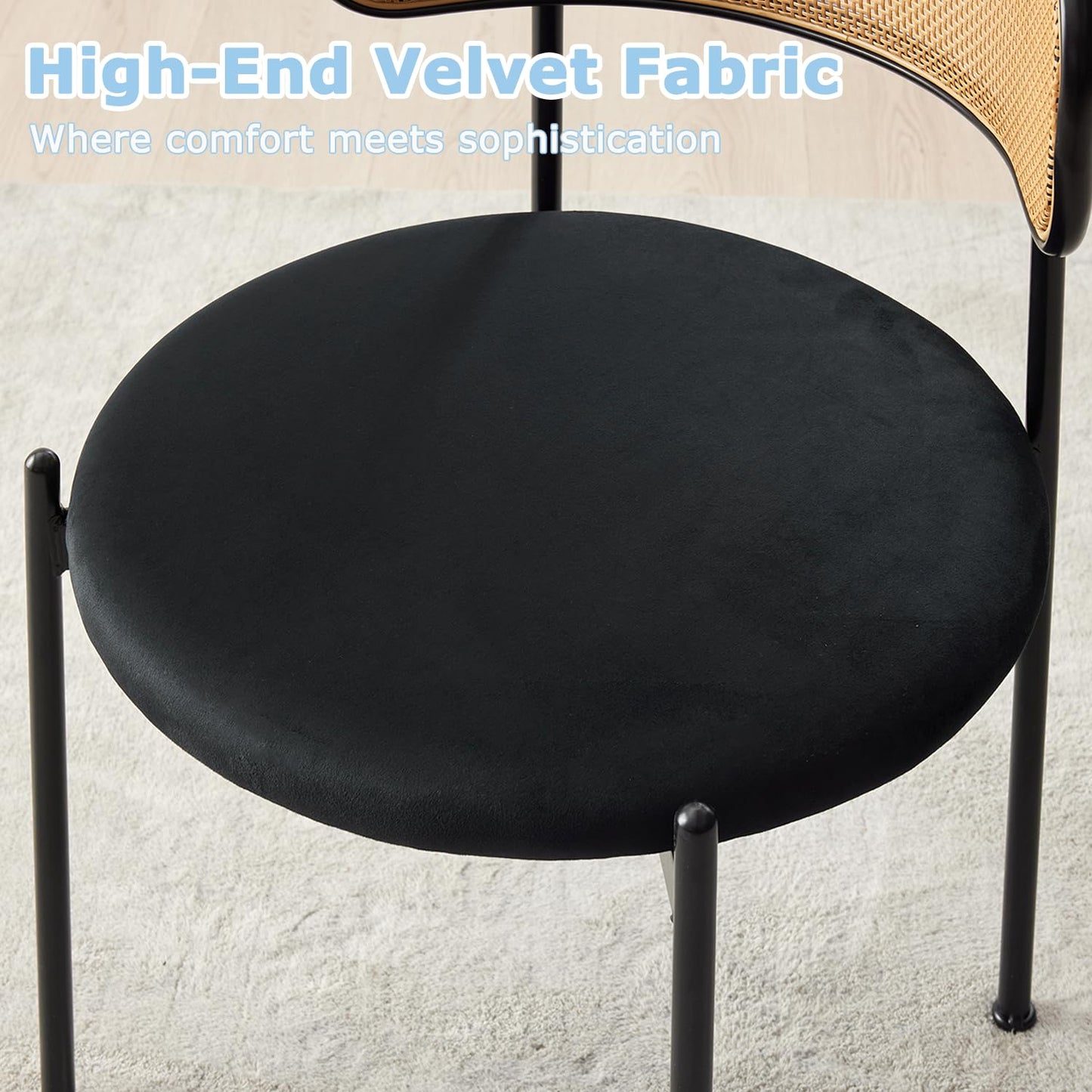 Puntogen Rattan Dining Chairs Set of 4, Kitchen Chairs with Curved Cane Backrest &Metal Legs, Modern Dining Room Chair, Round Upholstered Sherpa Chair for Living Room, Black