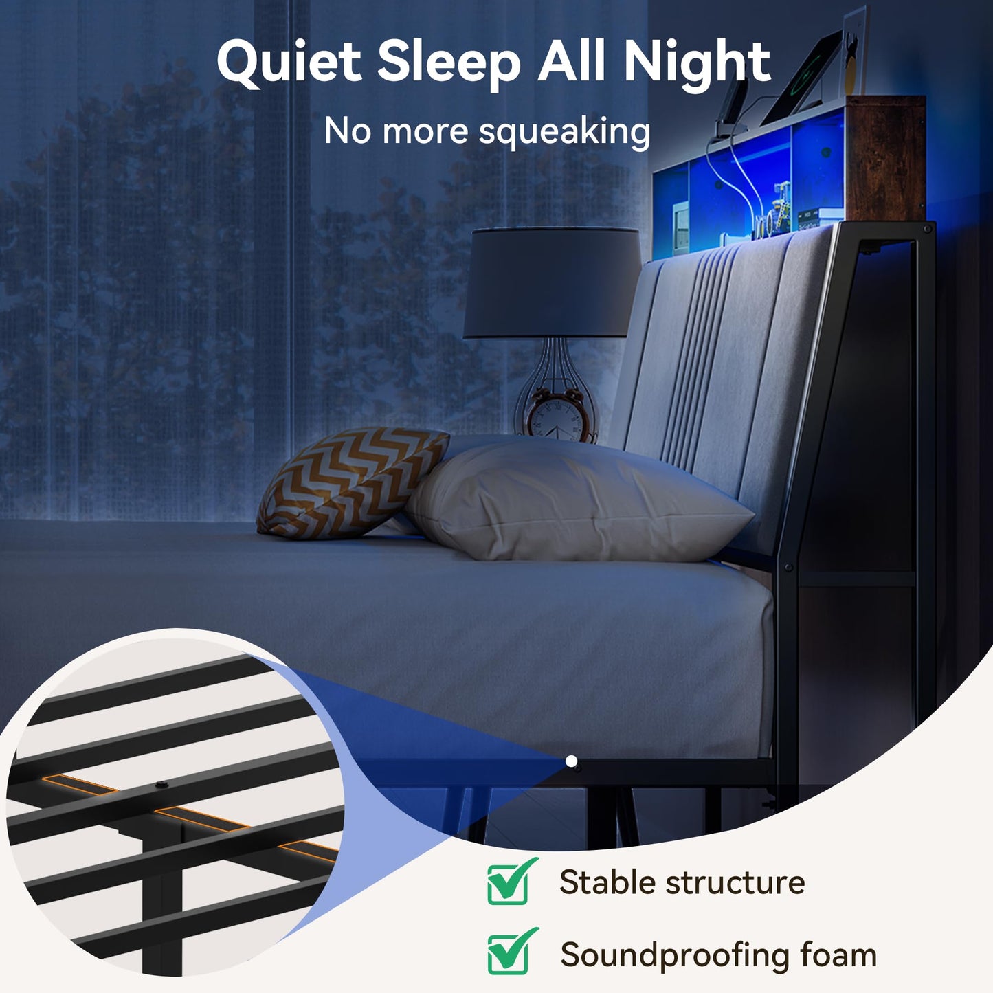 BedsPick Queen Bed Frame with Ergonomic Headboard, Upholstered Metal Platform Bed Queen Size with 2-Tier Storage, Charging Station, Smart LED Lights, Easy Assembly, No Box Spring Needed, Grey