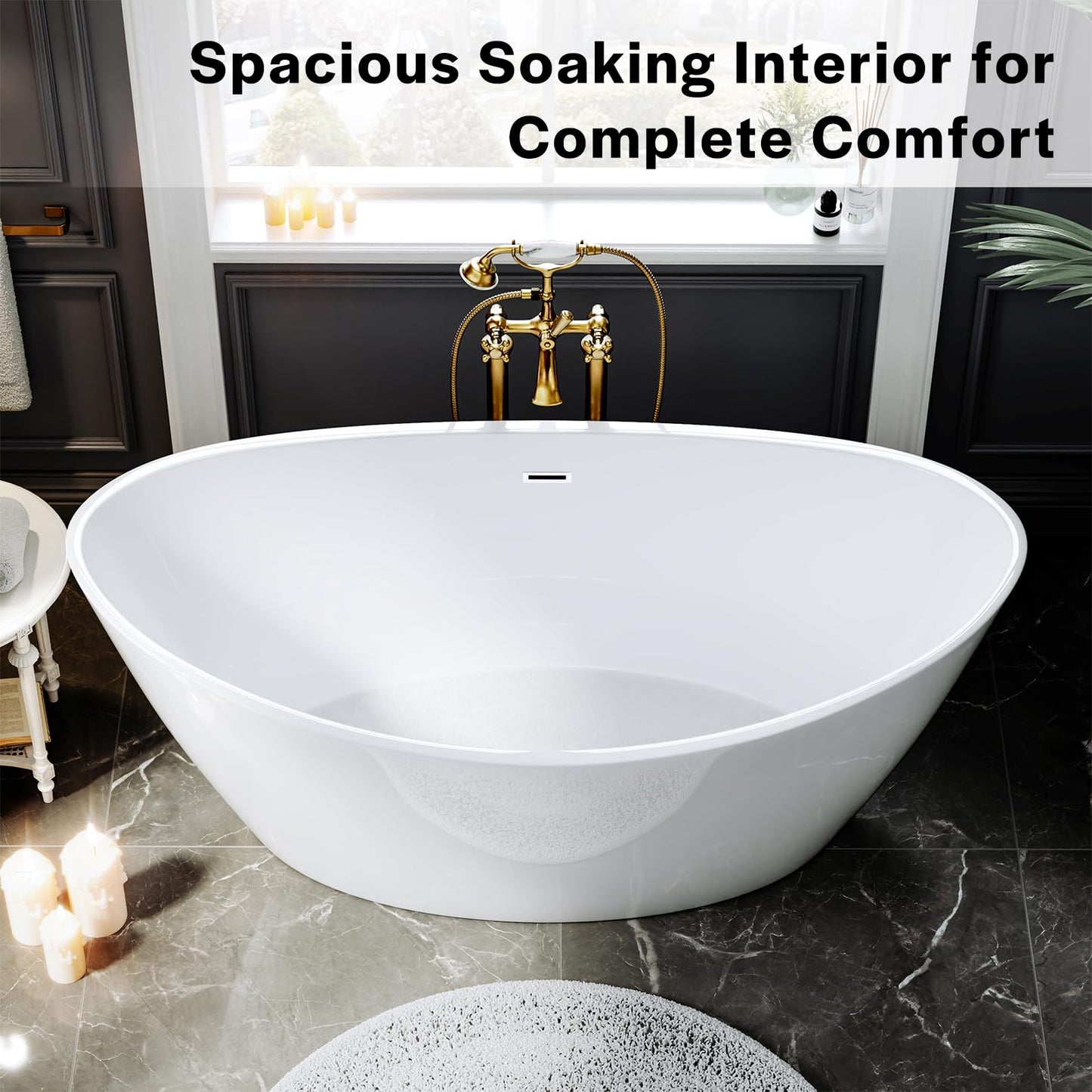 Empava Bathtub, 67" Soaking Tub, Acrylic Free Standing Tub with Center Drain and Overflow, Contemporary Design Bathtub for Bathroom, cUPC Certified, Glossy White
