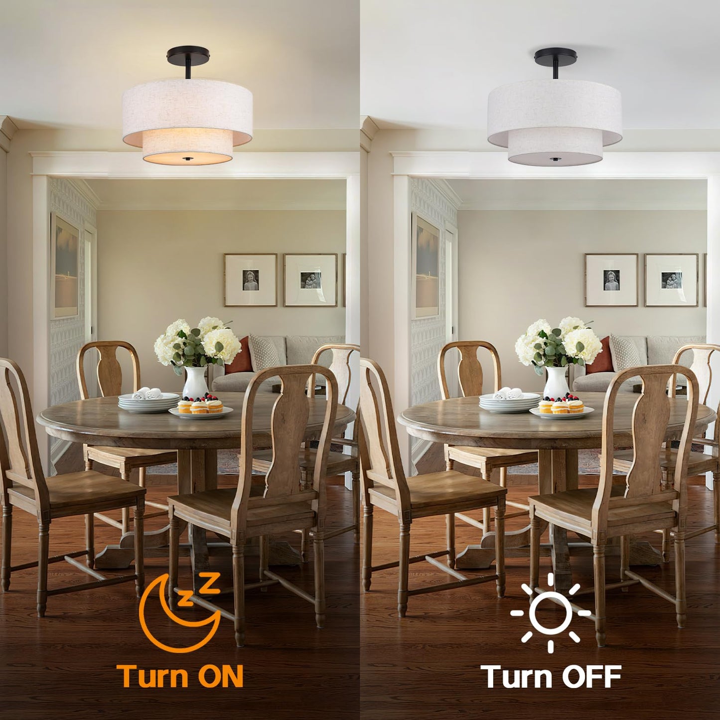 HILUXIA 18 Inch Large Semi Flush Mount Ceiling Light Fixture with Dual Drum Design, Farmhouse Fabric Linen Shade for Bedroom, Living Room, Kitchen, and Dining - Modern Chandelier Lamp