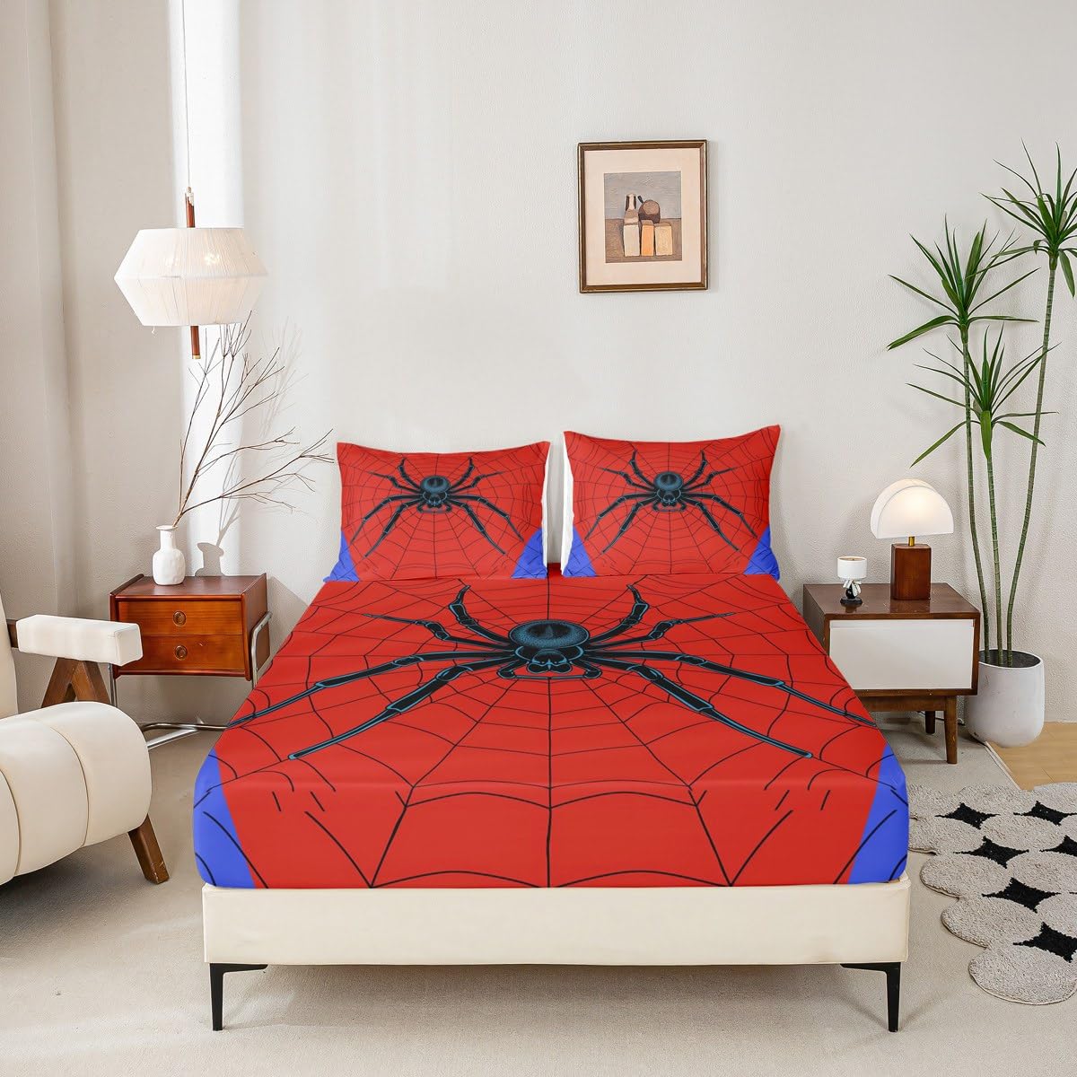 Spider Web Kids Sheet Queen Size,Black Spider Arachnid Insect Animals Bedding Set,Boys Girls Women Men Room Decor,Happy Halloween Red Blue Fashion Bed Sheet Set 4pcs(Fitted + Flat + 2 Pillowcases)