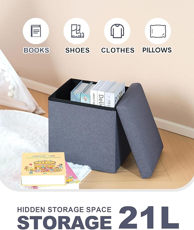 B FSOBEIIALEO Storage Ottoman Cube, Linen Small Foot Seat, for Living Room, Bedroom, Home Office, Dorm Storage Footrest Blue 11.8"x11.8"x11.8"
