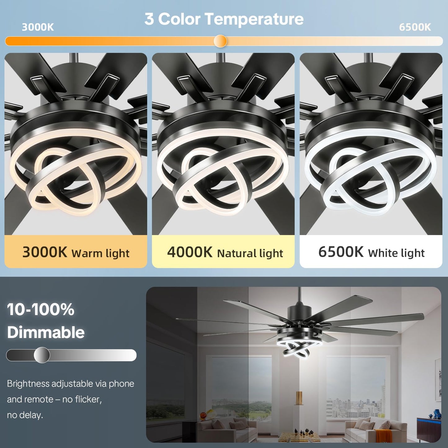 TIRUSUN 72 Inch Chandelier Ceiling Fans with Lights, Large Modern Ceiling Fan with Remote Control for Living Room Kitchen, Dimmable, 6 Speed Reversible DC Motor, Dual Finish，Black
