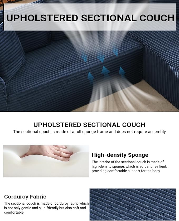 Vanress Cloud Couch Sectional, Corduroy Boneless Couch with L-Shape Chaise, Modern Modular Sectional Sofa Comfy Deep Seat for Living Room, Bedroom, No Assembly (Blue, Right Facing Chaise)