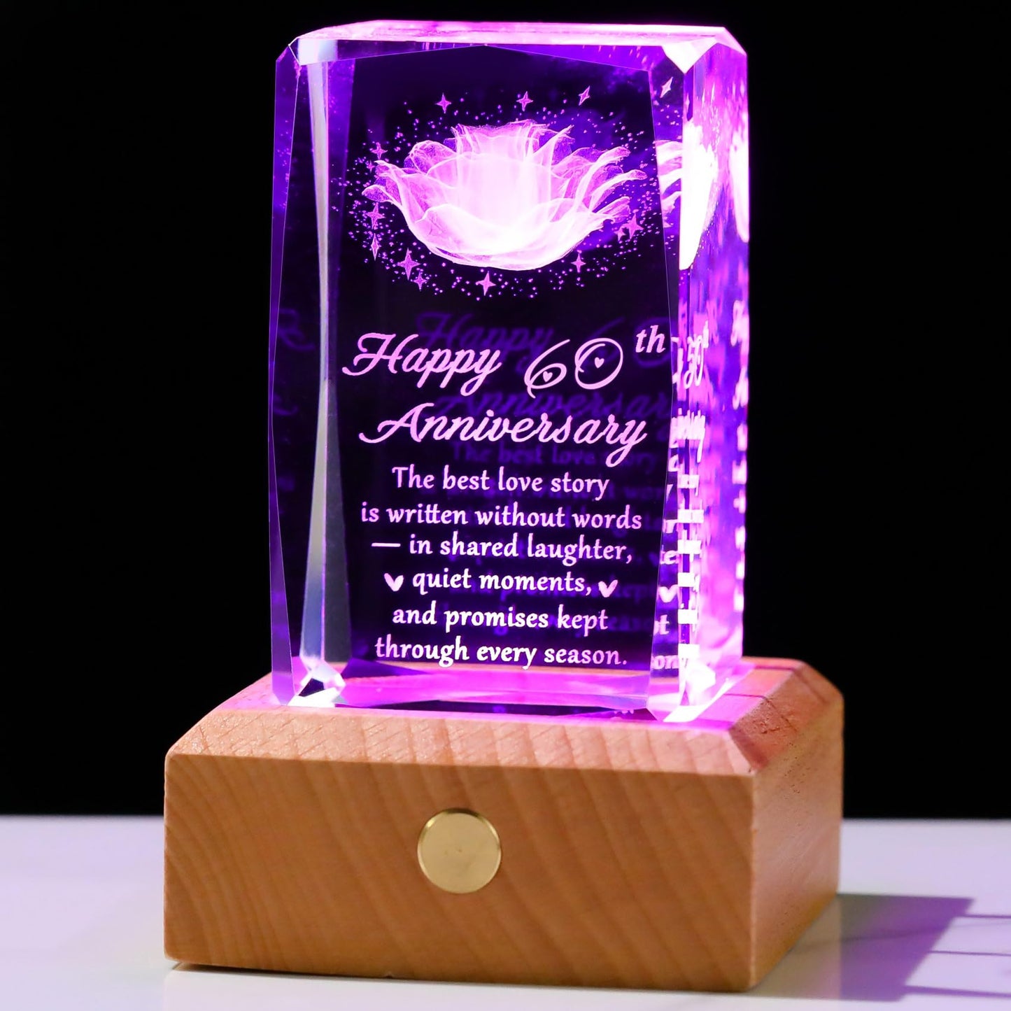 YWHL 60th Wedding Anniversary Crystal Gifts for Parents Grandparents, 60 Year Anniversary Glass Keepsake for Wife Husband, Romantic 3D Rose Gifts for Couples