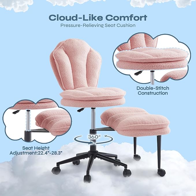 Ergonomic Cross Legged Office Chair for ADHD, Kneeling Chair with 360° Swivel Wheels and Reversible Seating for Meditation, Adjustable Height and Seat Deapth, Teddy Fabric, Pink