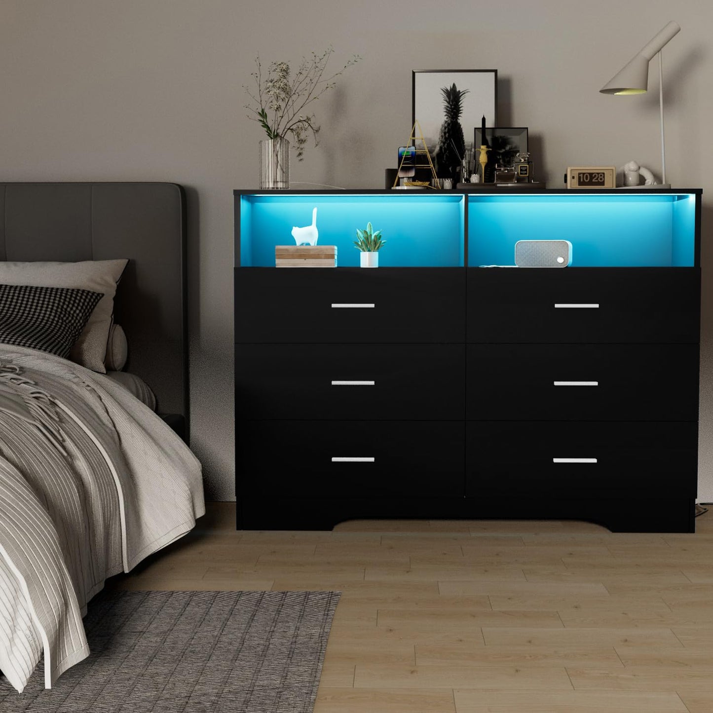 FJTJBSI Dresser with Power Outlets and LED Lights Wooden 6 Drawer Dresser with Large Organizer Tall Black Drawer for Bedroom Modern Chest of Drawers Closet for Living Room Kids Room
