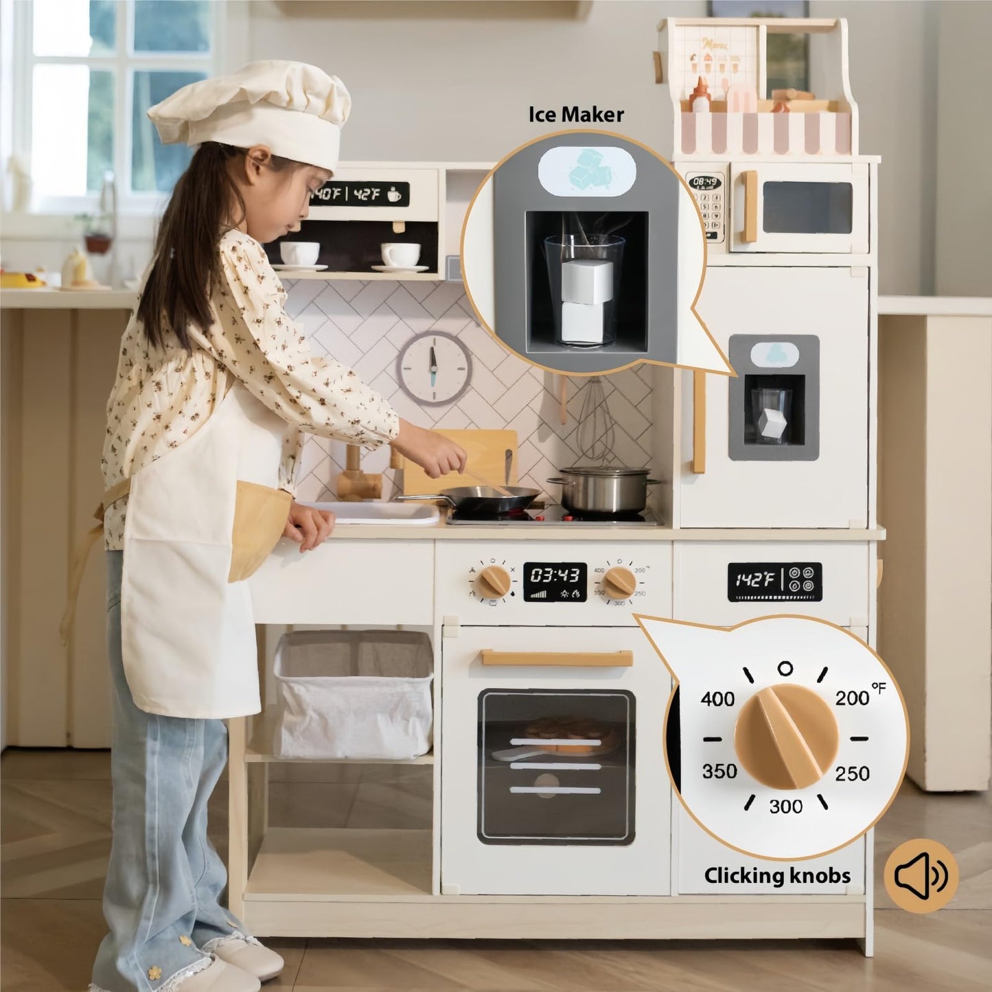 Freniland Wooden Play Kitchen Kids Kitchen Playset with Real Light & Sound Realistic Ice Maker Stove Oven Chef Pretend Toy Kitchen Include 31 Accessories Kids Toy Gift for Child Ages 3+ Toy Furniture