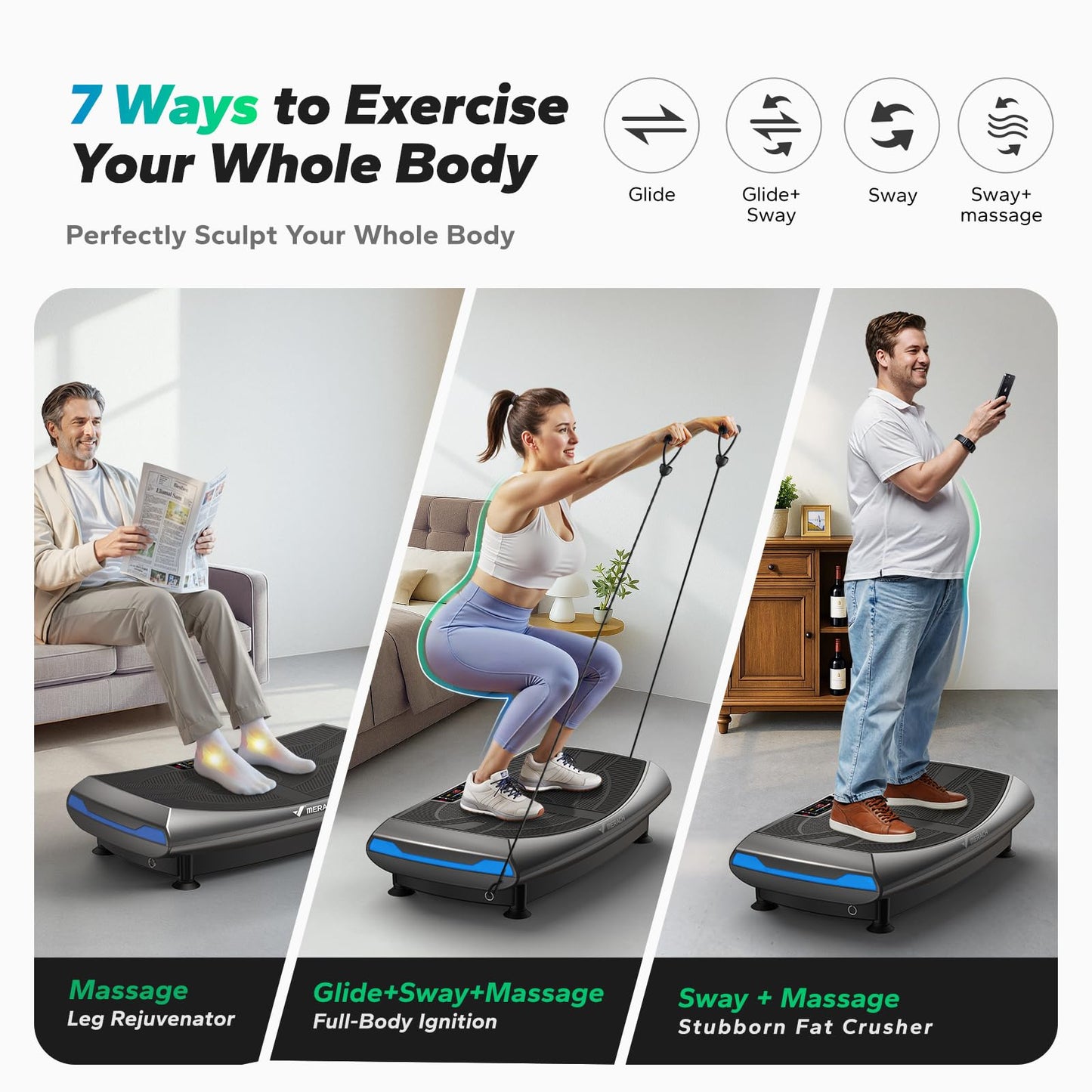 MERACH 4D Vibration Plate Exercise Machine, 7-in-1 Vibration Plate with Glide, Swing & Massage, Vibrating Plates with Whole Body Workout Sculpting Platform for Home Fitness for Women Men (Grey)
