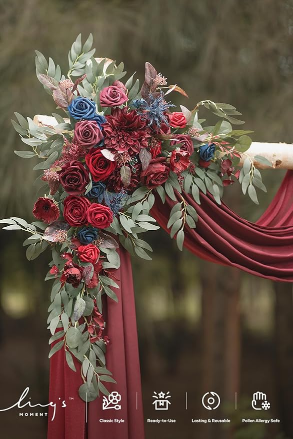 Ling's moment Burgundy Artificial Wedding Arch Flowers Kit Pack of 4, 2pcs Hanging Flower Arrangement 2pcs Chiffon Drapes Ceremony Reception Fake Rose Arbor Backdrop Floral Party Outdoor Decorations