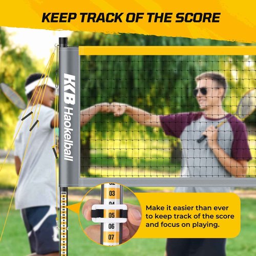 Haokelball Professional Badminton Set Badminton Sets for Backyards with Net Tension Adjuster, Badminton Rackets Set of 4, 4 Nylon Badminton Shuttlecocks and Carry Bag, Gray