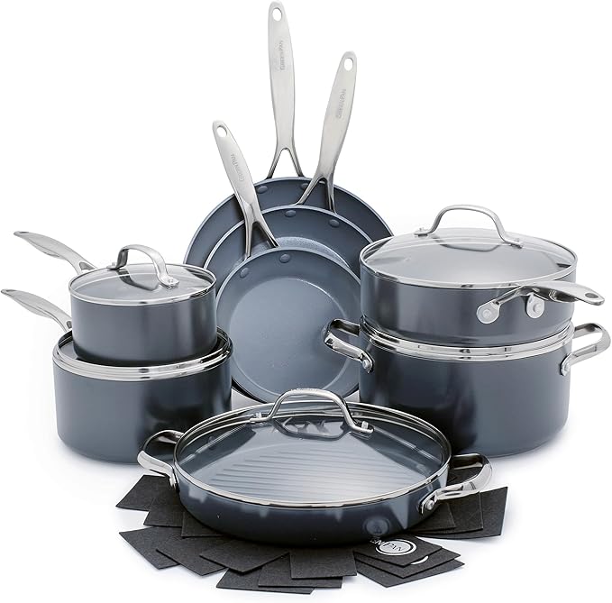 GreenPan 16 Piece Valencia Pro Ceramic Nonstick Cookware Set, PFAS-Free, Induction Ready, Hard Anodized Pots & Pans with Lids, Compatible on All Cooktops, Dishwasher & Oven Safe, Gray