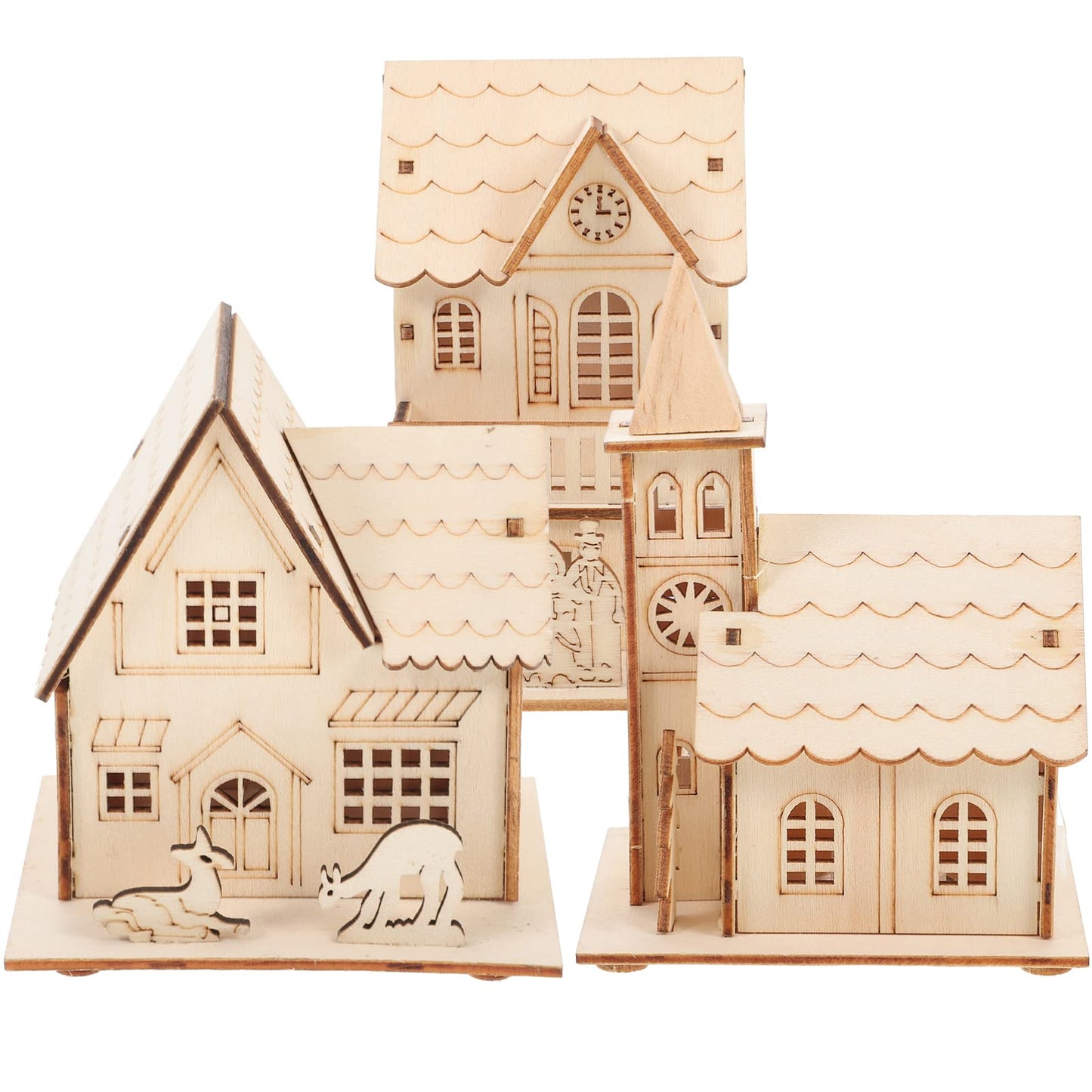Toyvian 3pcs Christmas Led Light Wooden House with Battery, Unfinished Wooden Christmas Village Mini Houses House Landscape Decors for Christmas Table Centerpieces Holiday Home Decor