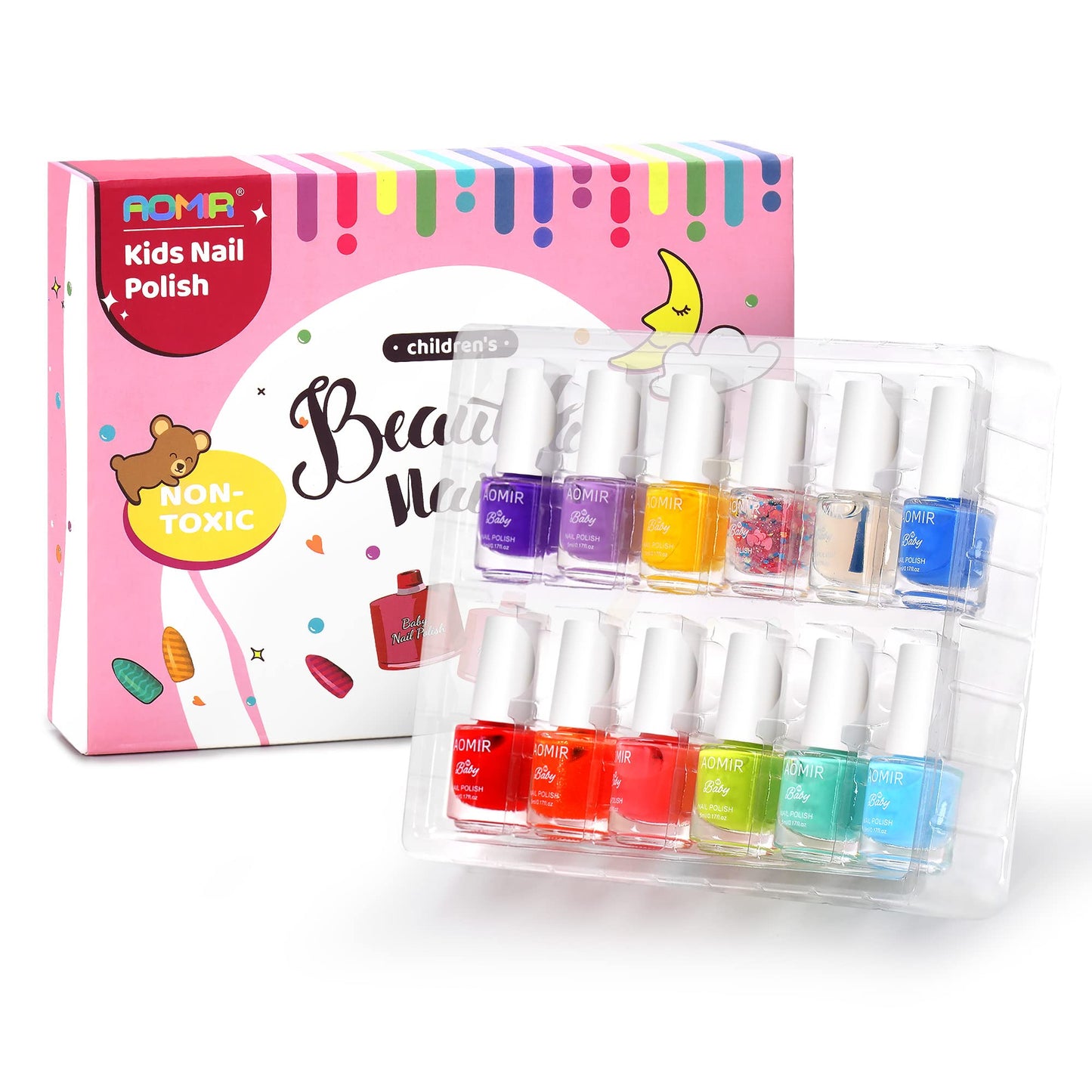 AOMIR kids nail polish set,Non Toxic Kids Nail Polish Set for Toddler,Water-Based Natural Safe Quick Dry Nail Polish Kit,Birthda