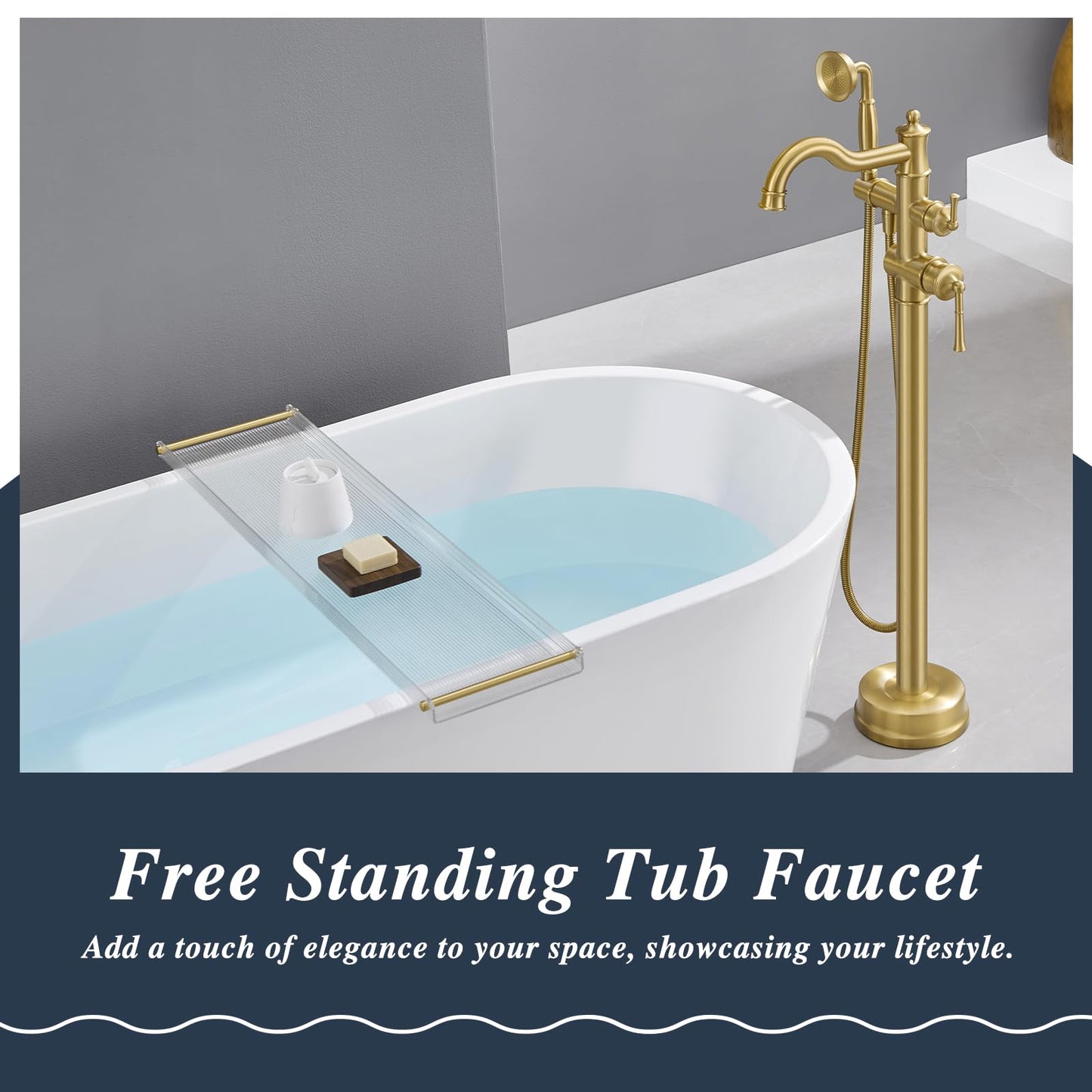Free Standing Tub Faucet, Qinkell Classic Elegant Gooseneck Freestanding Bathtub Faucet with Sprayer Brass Luxury Floor Mount Bath Faucets High Flow Roman Tub Filler, Brushed Gold (QC-202511BG)