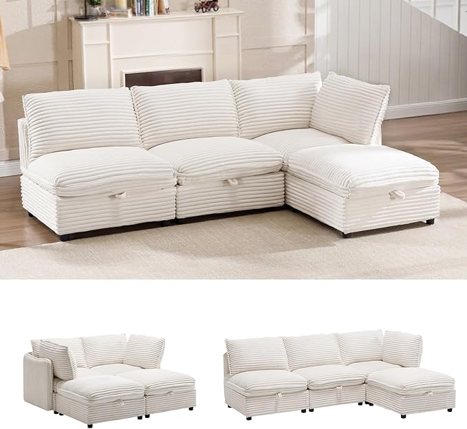 FIRLZY 92" Modular Sectional 4 Seater Sofa with Removable Covers and Storage, Convertible L-Shaped and Sleeper Sectional, Modern Corduroy Couches with Ottoman Chaise for Living Room, Apartment, White