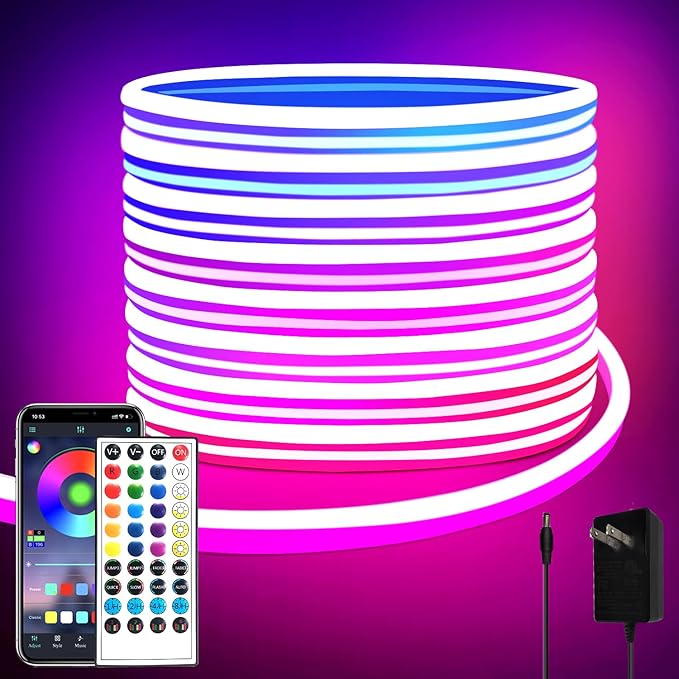 segrass 32.8ft LED neon Lights with Remote APP Control IP65 Waterproof Flexible Neon Strip Lights 24V RGB Rope Lights for ...