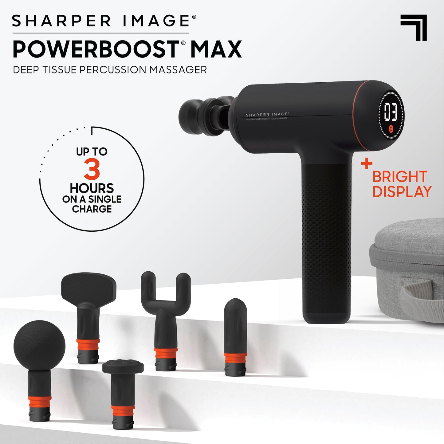 Sharper Image PowerBoost Max Massage Gun | Anti-Stall Deep Tissue Percussion Massager | 7 Speeds | Workout Muscle Recovery | Pain Relief | Back Shoulder Massager | Massage Tool | Gifts for Men Women