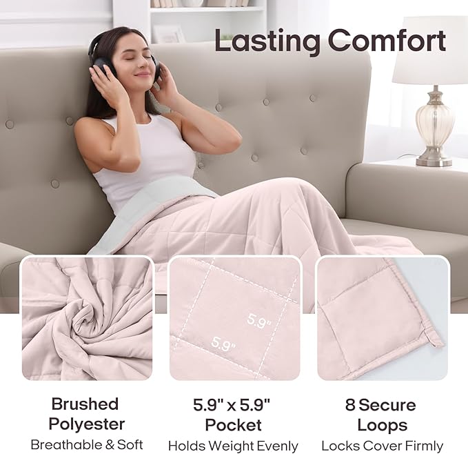 ZonLi Weighted Blanket for Adults(48"x72",15lbs, Pink/Light Grey) Twin Size High Breathability Cooling Heavy Blanket, Soft Material with Premium Glass Beads,All-Season.