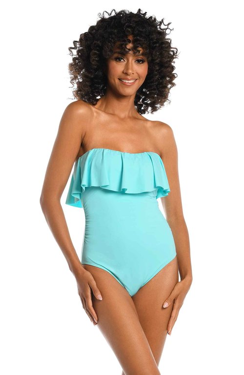 La Blanca Women's Island Goddess Ruffle Bandeau One Piece Swimsuit, Ice Blue, 10