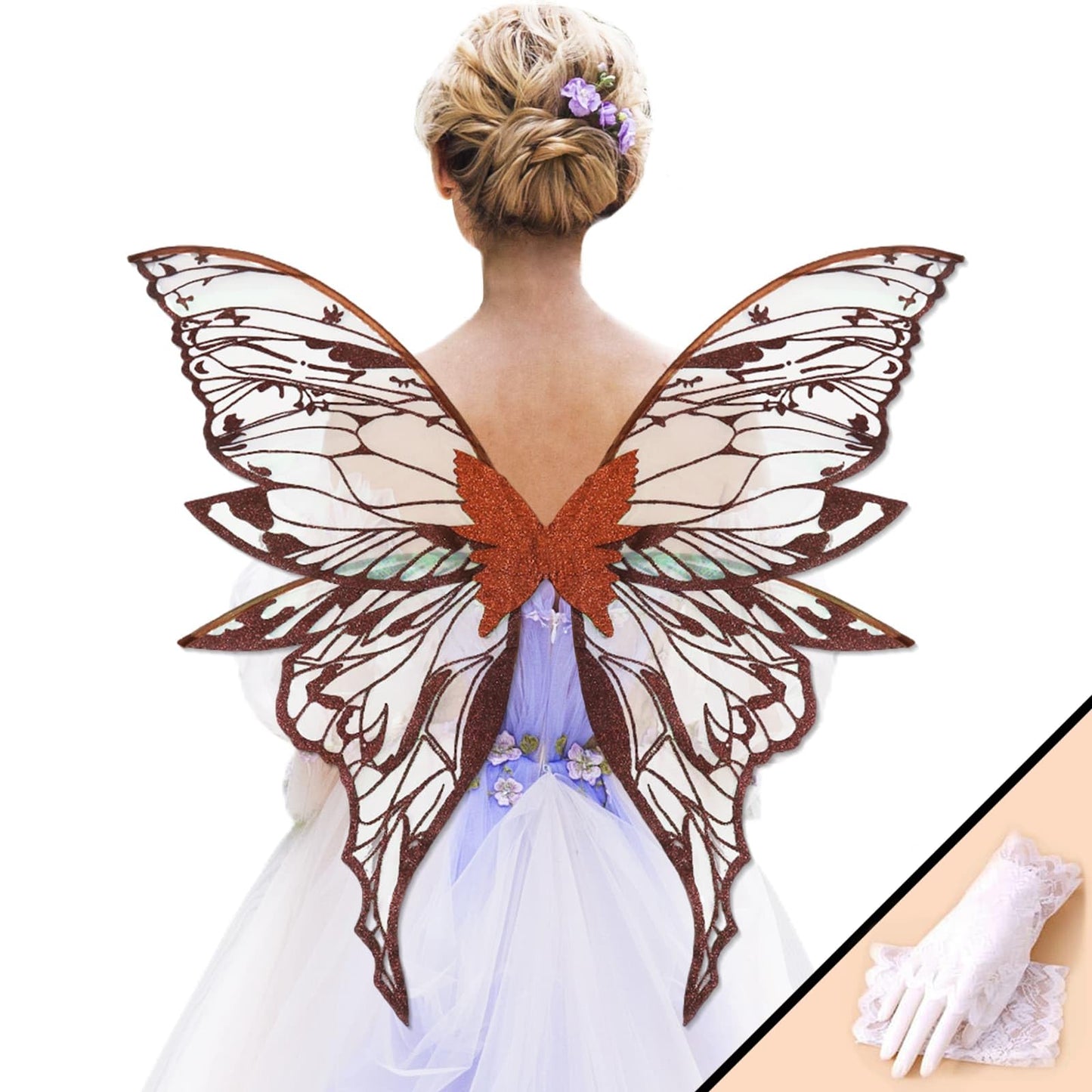 NUVCELKA Fairy Wings for Adults & Girls, Butterfly Costume with Lace Gloves, Large 31.5" Fantasy Wings for Halloween Cosplay (Auburn)
