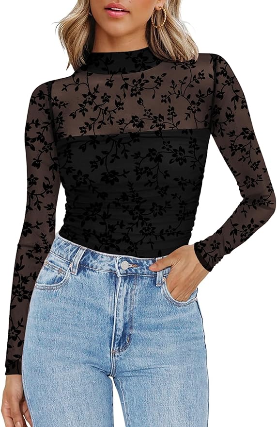 Zeagoo Womens Mesh Sheer Long Sleeve Top Mock Turtle Neck See Though Shirts Ruched Sexy Casual Going Out Blouses