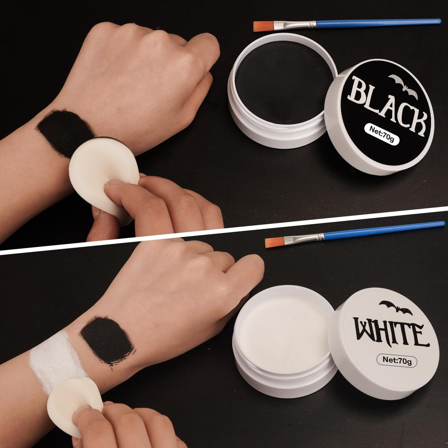 Black and White Face Body Paint with 2 Brushes and 2 Sponges, Non Toxic and High-capacity Cospaly Accessories for Kids & Adults, Art Special Effects Makeup Kit for Halloween Vampire and Clown Makeup