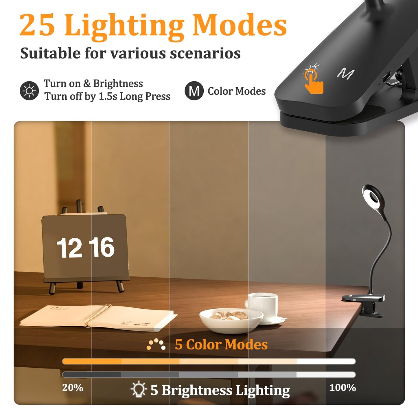 HECDSTLY 2 Pack Clip on Reading Light for Bed Headboard, Battery Rechargeable Large Clamp Bed Lamp - 5 Colors 5 Brightness, Flexible Arm Book Light at Night for Kids Bunk Desk Metal Bed Frame