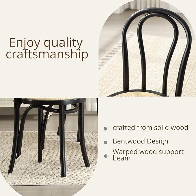 DM Furniture Solid Wood Dining Chairs Set of 6 Mid-Century Modern Rattan Dining Room Chairs with Backrest Bentwood Side/Desk Chairs for Dining/Living Room,Home No Assembly Required, Black Wood