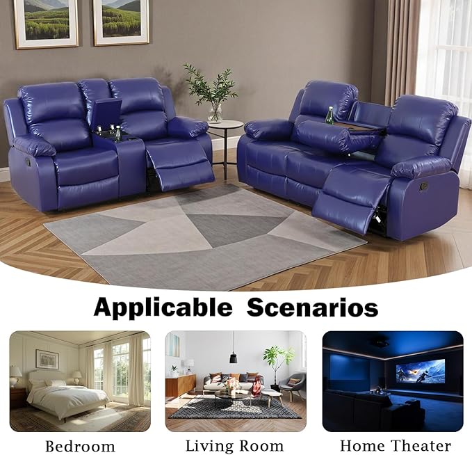 Caberryne 2 Pieces Leather Recliner Sofa Set，Recliner Sofa and Loveseat Sets for Living Room Furniture，Purple Reclining Couch with 4 Recliners for Living Room/Office/Theater Seating(Sofa Set 2 Pieces)