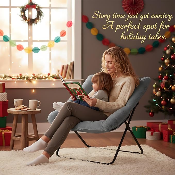 Givjoy Comfy Folded Chair, Soft Faux Fur Oversized Folding Accent Chair, Flexible Lounge Lazy Chair for Adults Kids, Metal Frame Moon Chair for Dorm Room, Bedroom, Living Room