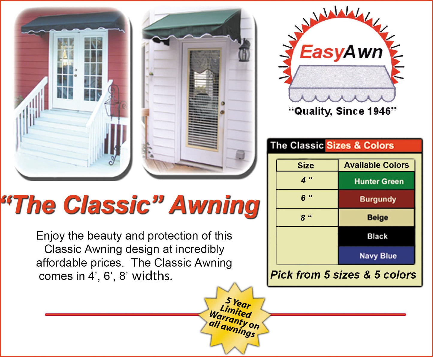 Easyawn Door and Window Sunbrella Canvas Awning / 5 Colors + 3 Sizes/Classic Awning / (Green 4 feet Wide)