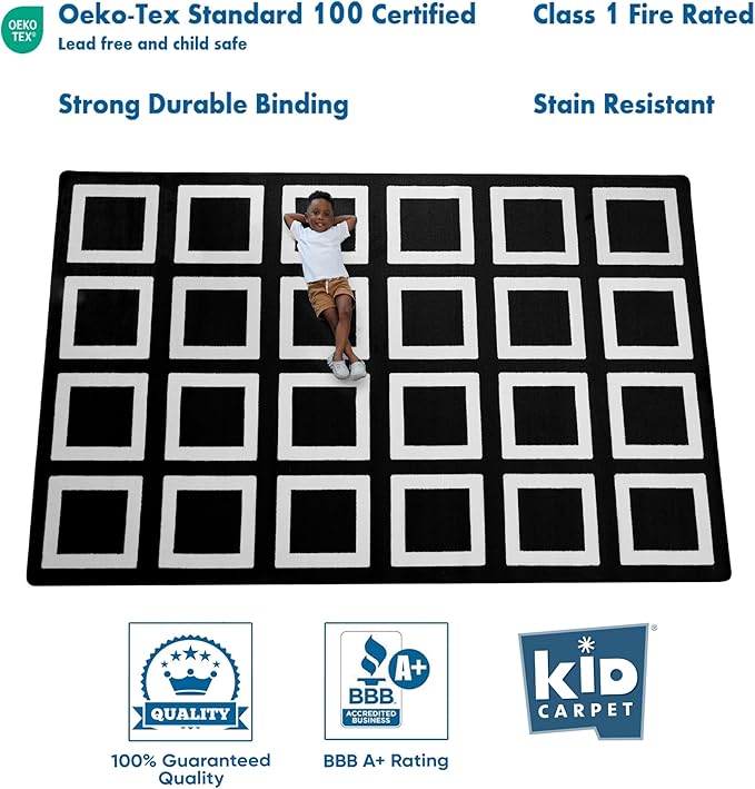 KIDCARPET.COM Black and White Squares Classroom Seating Rug 7'6" x 12' Rectangle, Educational Classroom Rug, Kids Learning Play Mat | Area Rug for Bedroom or Playroom