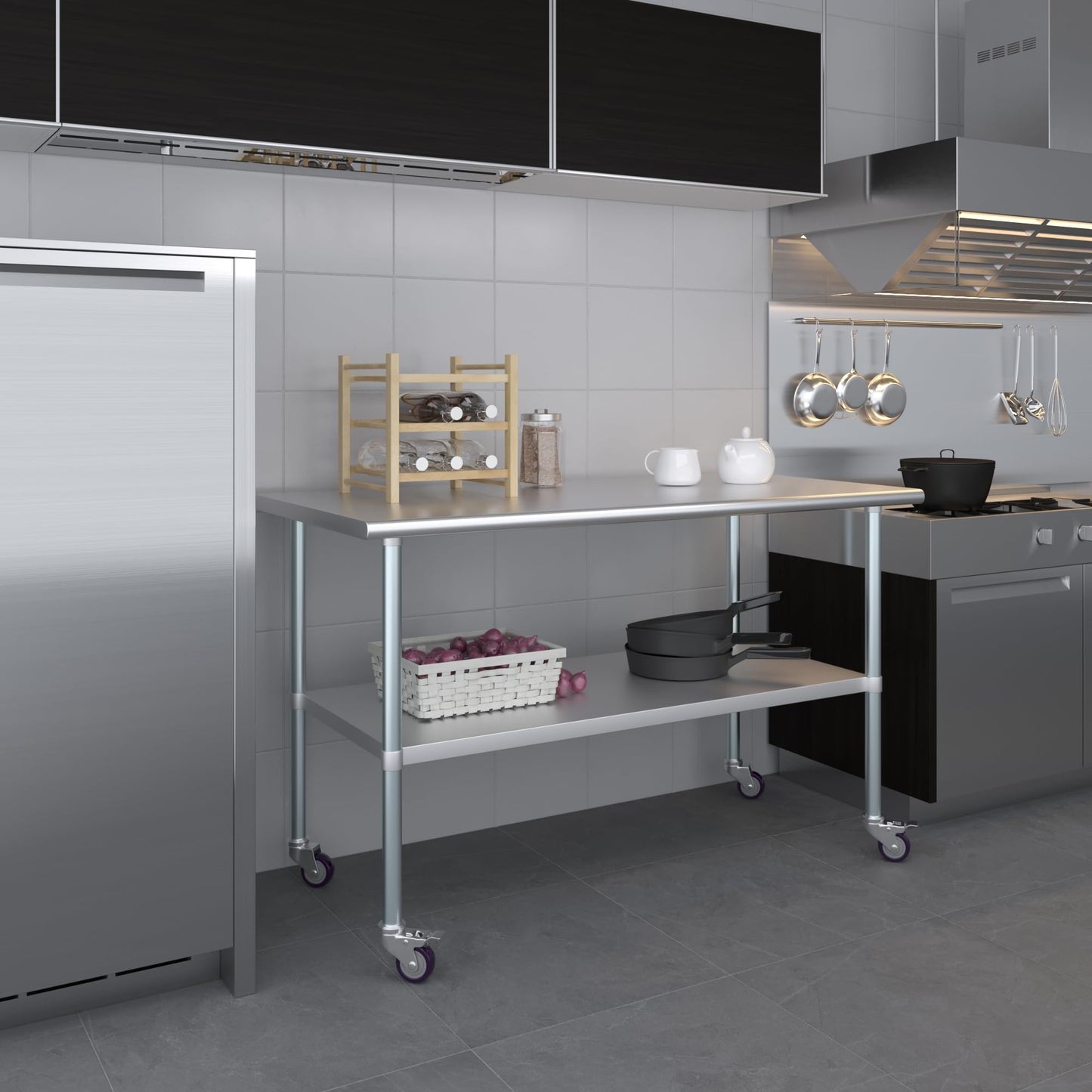AmGood 30 in. x 60 in. Stainless Steel Work Table with Wheels | Metal Kitchen Food Prep Table | NSF