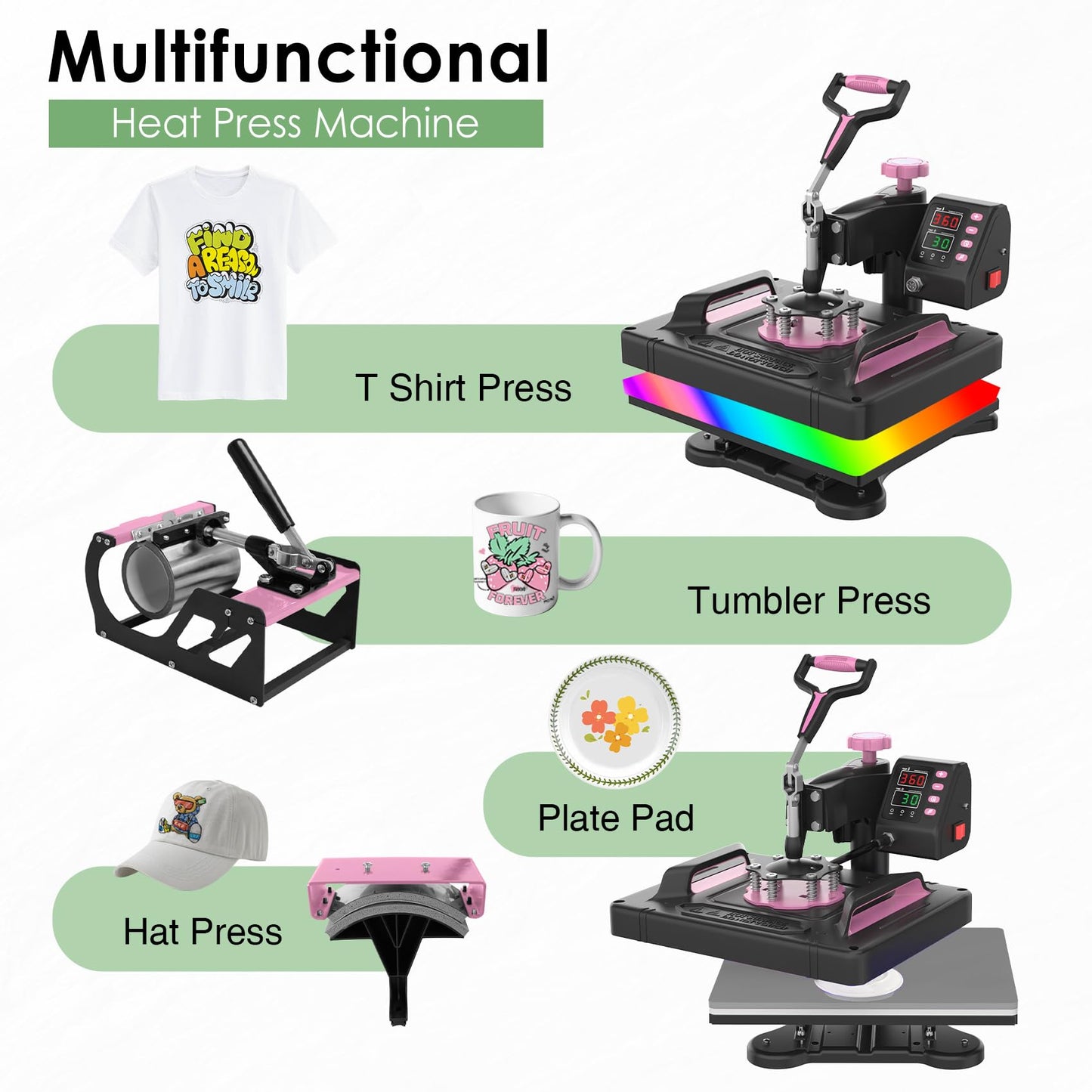 Seeutek Heat Press 5 in 1 Heat Press Machine 12x15 inch T Shirt Pressing Machine with 360 Degree Swing Away, Multifunction Heat Transfer Sublimation Combo for T Shirts Mugs Hat Plate Cap Pink