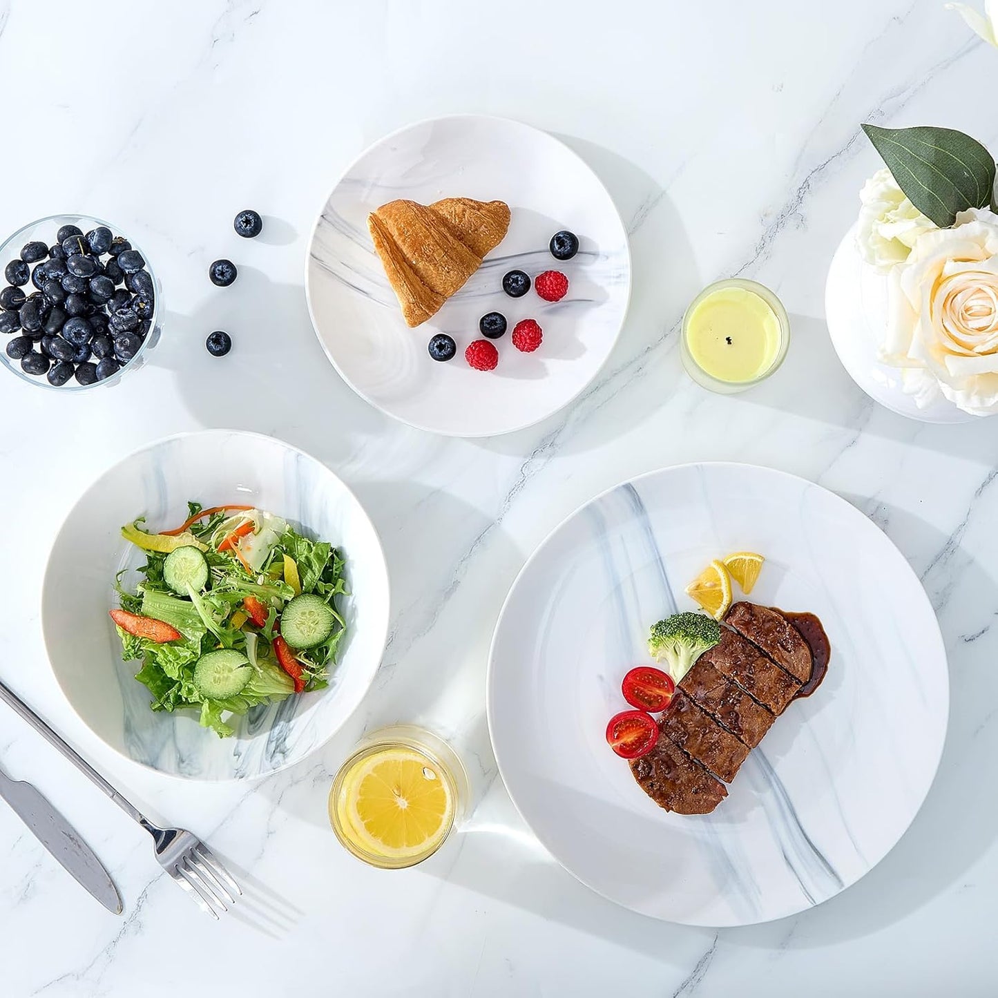 Bestone 12 Pieces Round Kitchen Dinnerware Sets,Plates and Bowls sets,Dishes, Plates, Bowls, Dish Set，Plates and Bowls,Service for 4, Blue and White Marble