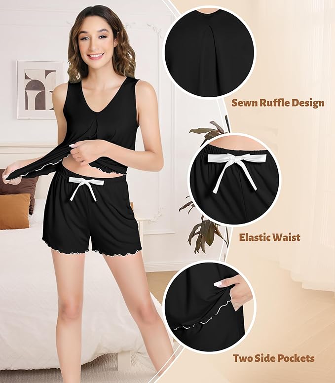 NACHILA Pajamas for Women-Viscose from Bamboo, Ribbed Racerback Tank Top Sexy Split Shorts Pajama Sets Cooling Sleep Cami Pjs