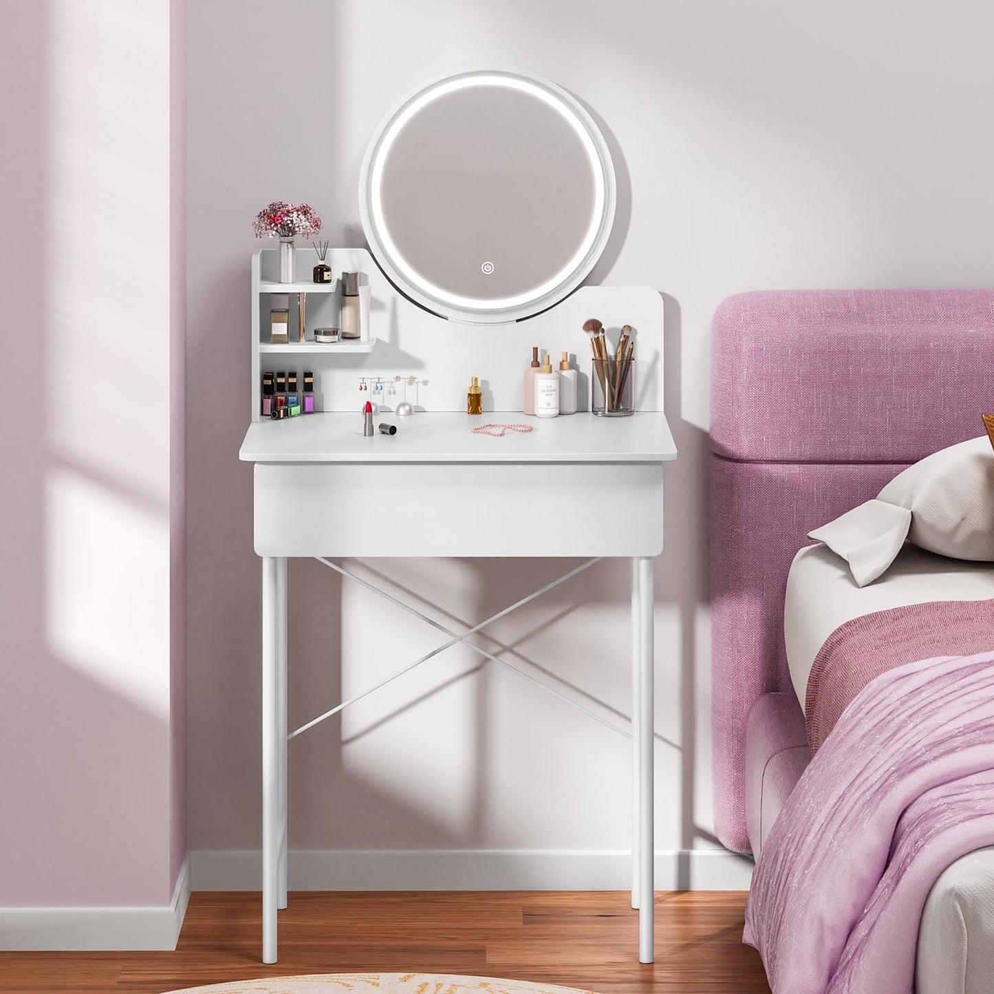 OSKOPWRC Small Makeup Desk, White Makeup Table with LED Lighted Mirror, Dressing Table Drawer, Open Shelves, Adjustable Brightness, Elegant for Women Small White
