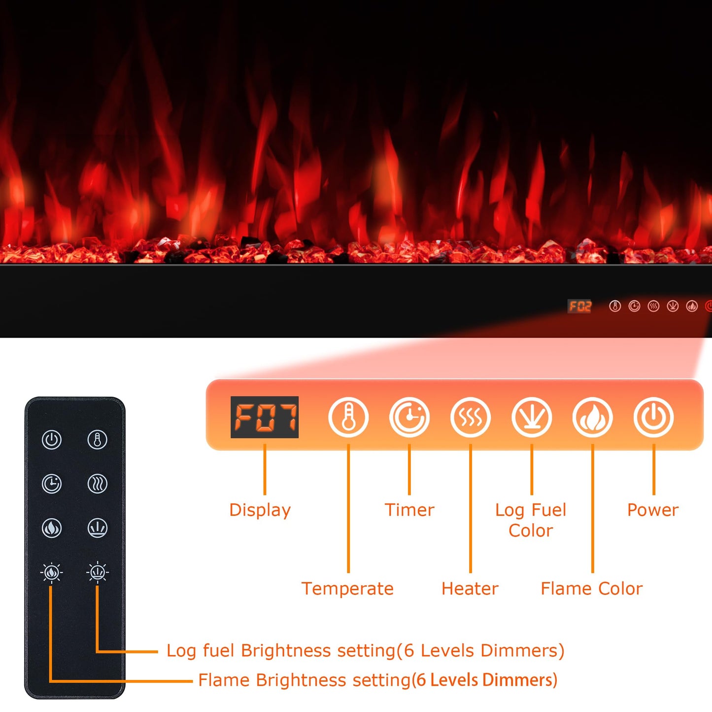 VINEMOUNT 65" Electric Fireplace Insert Recessed & Wall Mounted, Slim Large Screen, 13 Color Cycle Flame, APP& Touch Panel&Remote Control, 750W/1500W, Timer, Overheat Protection