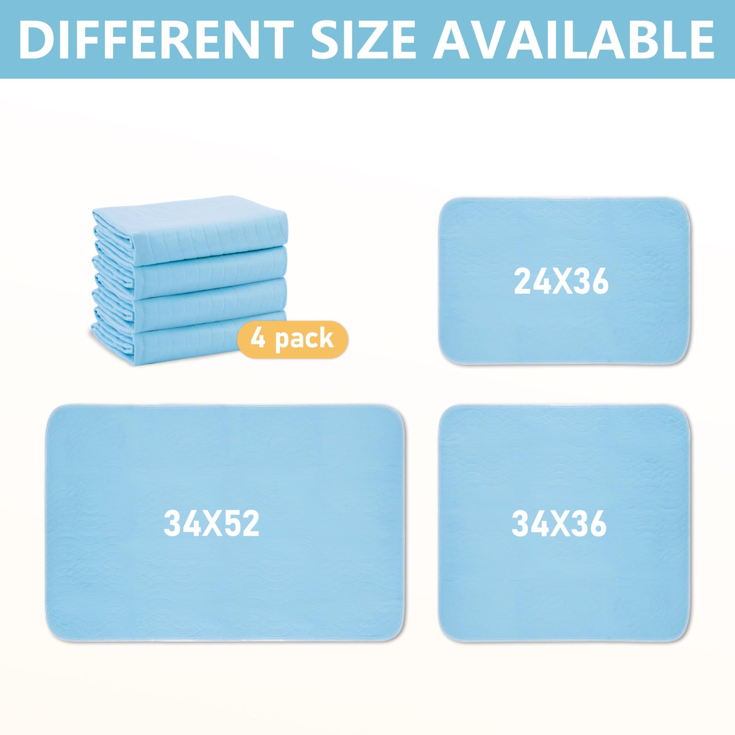 DAHAPYBOO Washable Underpads, 34"x52" 4 Pack Incontinence Bed Pads, Heavy Absorbency Reusable for Elderly, Kids, Adults and Pets, Waterproof Quick Drying for Bed, Sofa, Floor