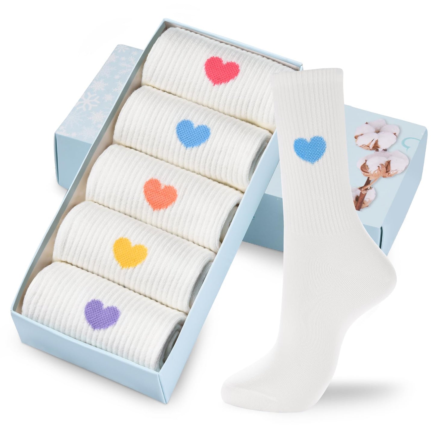 Corlap Women's Cute Cotton Crew Socks - Calf High Dress Socks, Novelty Fun Heart Design 5 Pairs (Gift Box)
