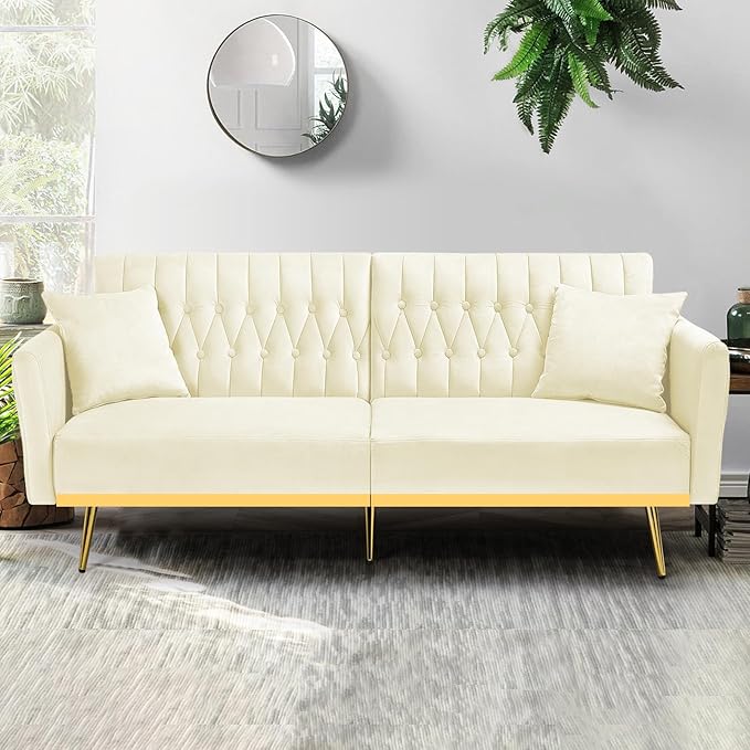 ACMEASE 70” Velvet Futon Sofa Bed with 2 Pillows and Adjustable Armrests, Convertible Sleeper Bed W/Adjustable Backrests, Modern Loveseat for Living Room, Bedroom, Beige